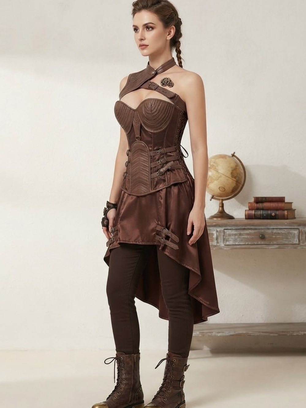 Brown Steampunk High-Low Corset and neck halter HALLOWEEN COSTUME
